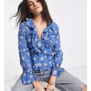 Free People Amanda Ruffle Top in Blue and White Cool Combo Size XS